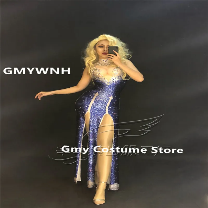 

R93 Rhinestone double slit long one-piece skirt singer performance show Show evening long dress cheongsam stage wears costumes