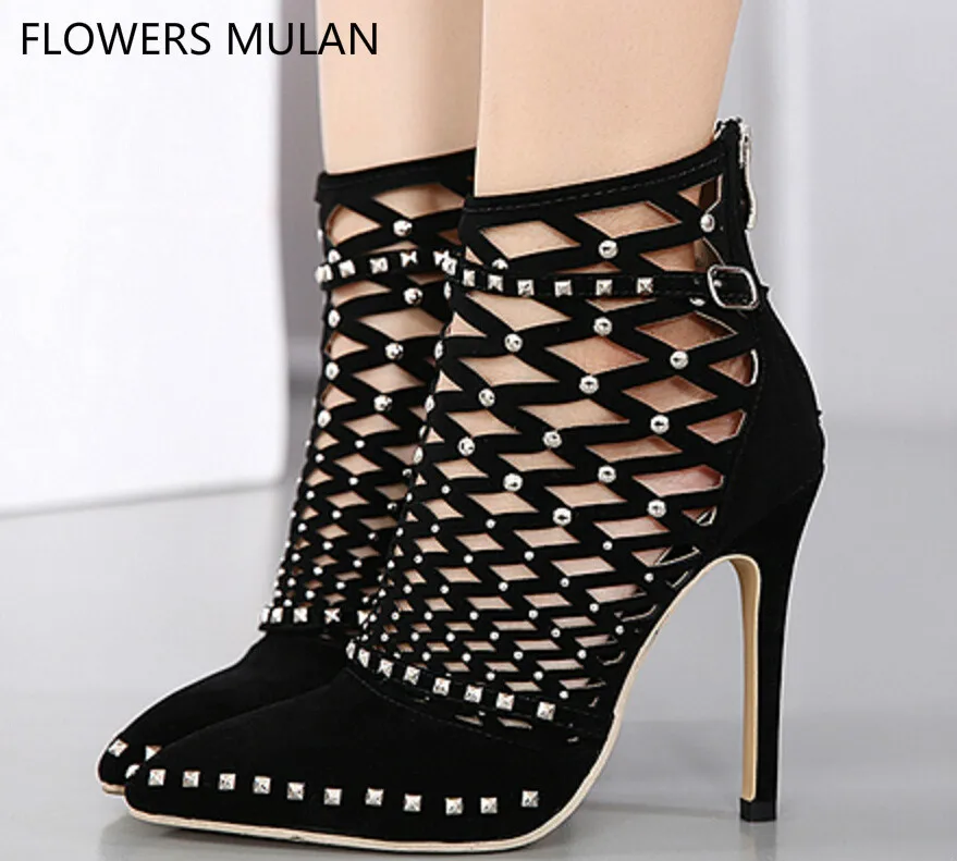 

Fashion New Black Suede Upper Lady Boots Sandals Pointed Toe Fretwork Rhombus Upper With Rivets Cool Rome High Heels Shoes Woman