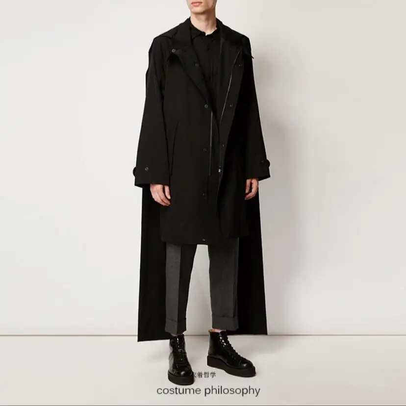 S-6XL New Men's long loose windbreaker scarf coat British style fashion casual black trench Catwalk models plus size clothing