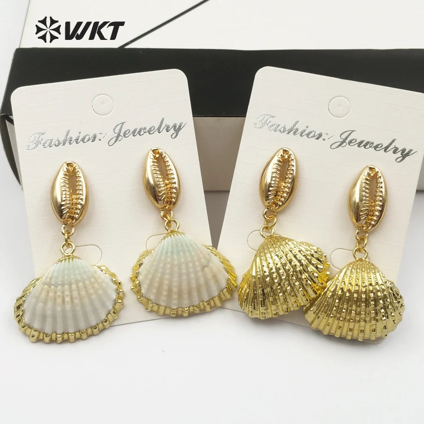 

WT-E439 Special Design Full Gold Dipped Cowrie Inlay Scallop Shell Earring Gold Dipped Sea Shell Earring Women Vogue Earring