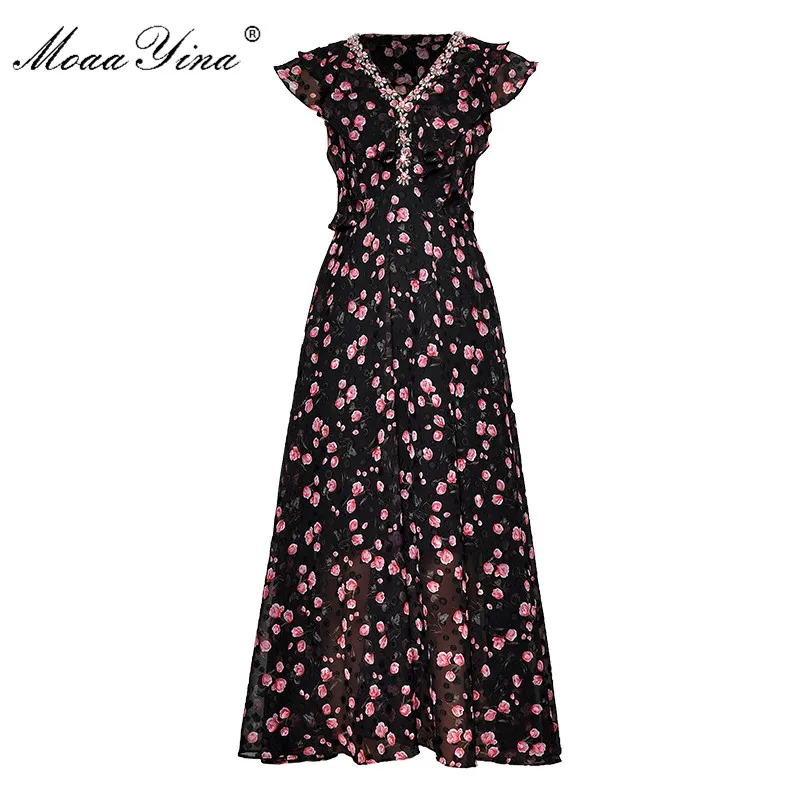 

MoaaYina Fashion Designer Runway dress Spring Summer Women Dress Crystal V-neck Ruffles Short sleeve Floral-Print Dresses