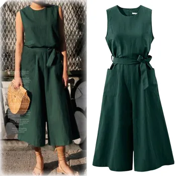 

plus size L-4XL sleeveless loose style jumpsuits for women 2019 retro vintage cotton linen high waist lace up bodysuit