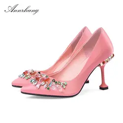 Новые весенние яркие женские туфли-лодочки с украшением в виде кристаллов, элегантные женские туфли мэри джейн на шпильке с острым носком