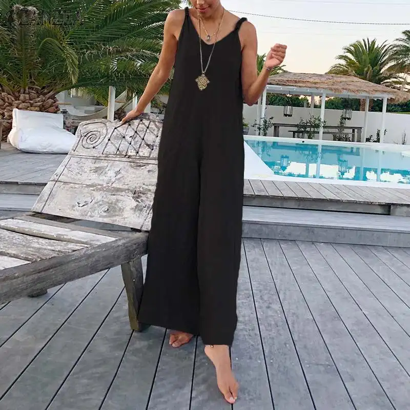 

2019 Summer Women Jumpsuit Summer Strappy Wide Leg Pants Overalls ZANZEA Women' s Jumpsuits Solid Vintage Long Playsuit Mono 5XL