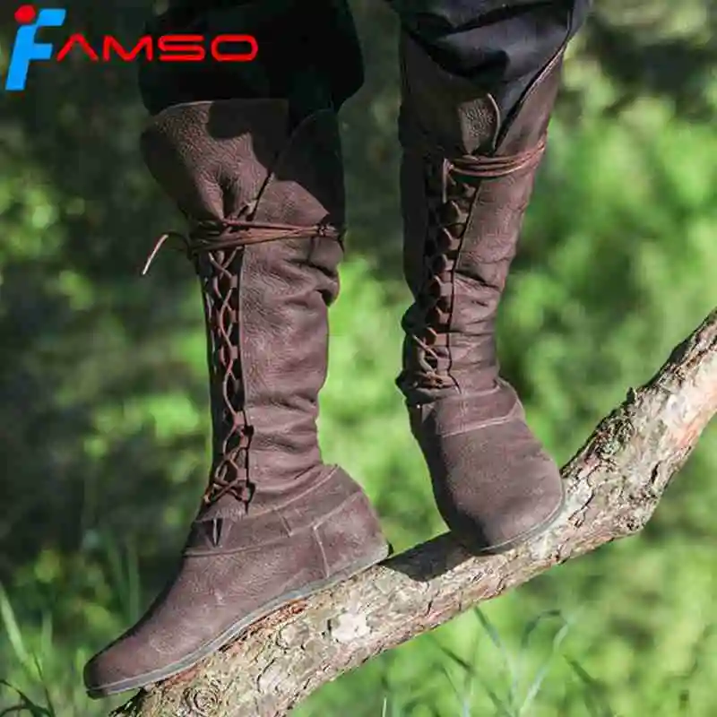 

FAMSO 2019 New Women Boots Size 34-43 Lace-up Autumn Flats Heels Knee High Boots Top Fashion Winter Waterproof Snow Boots