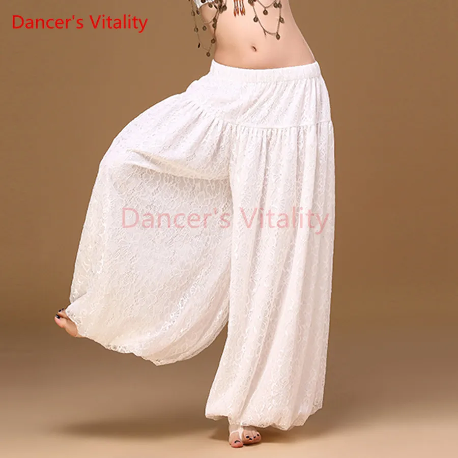 Women Dance Pants White Elastic Waist Lace spandex Belly Dancer Pants Wide Leg Loose Long