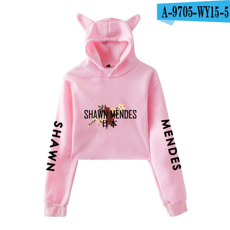 Shawn Mendes Cropped Moletom Cat Ear Kawaii Moletom Pullover Shawn Mendes Clothes Female Sweatshirts Ladies Harajuku Cute Cotton