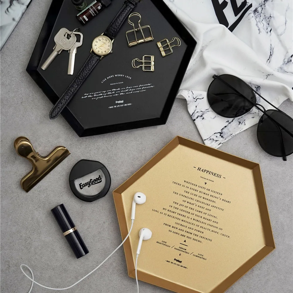 

Gold Black Hexagon Metal Storage Tray Nordic Vogue Cake Dessert Plate Desktop Jewelry Ring Organizer Tray