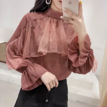 

2019 spring new women's sweet polka dot ruffles beading gauze shirts female vintage flare sleeve lace blouses women top