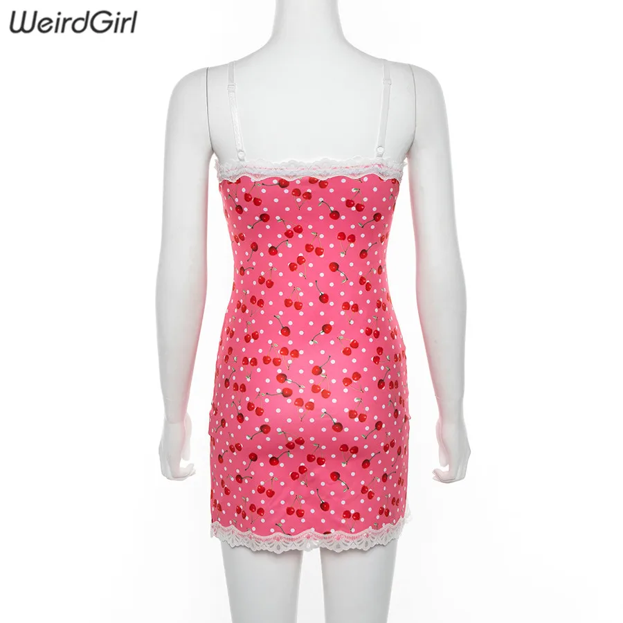 Weirdgirl women lace up cherry dot print sexy dress slip slit cute girl pink vestidos sleeveless v-neck bodycon femme short mini Weirdgirl women lace up cherry dot print sexy dress slip slit cute girl pink vestidos sleeveless v-neck bodycon femme short mini