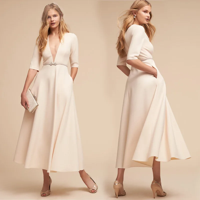 

Autumn Elegant Vintage Evening Party White Dress Sexy Half Sleeve Deep V-Neck Maxi Long Dress Summer Ankle-Length Bodycon Dress