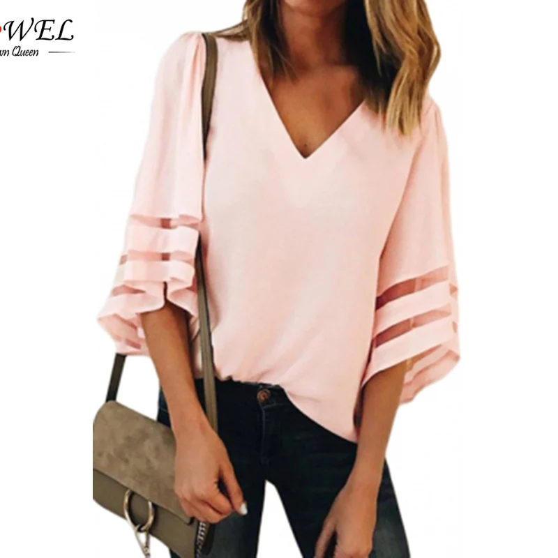Pink-Flare-Sleeve-V-Neck-Loose-Blouse-LC251204-10-28897 (1) 