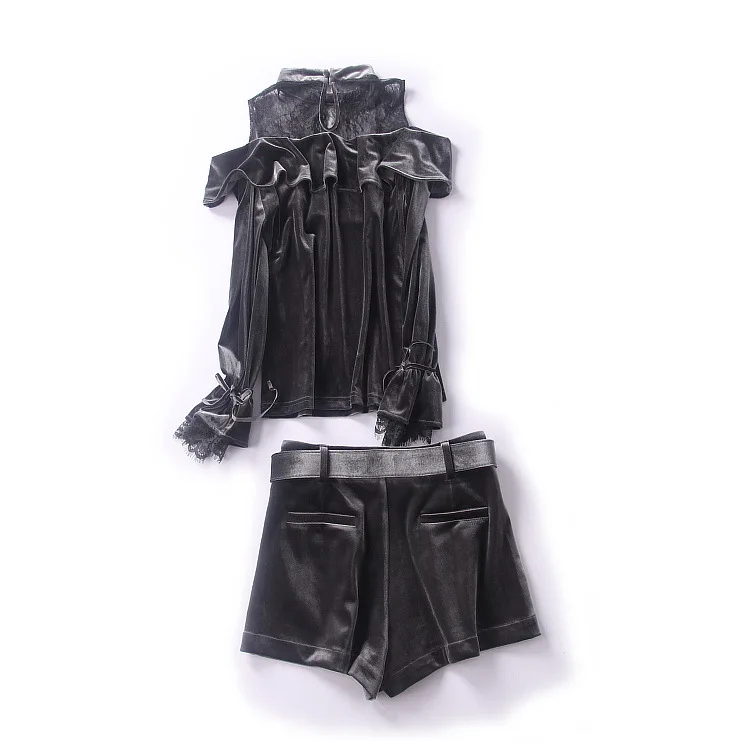 gray color Lace Patchwork Off-Shoulder Ruffle Velvet Blouse Croptop and A-line Short Pants Suit Women (12)