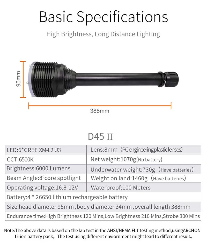 6000LM карманный фонарик для дайвинга ARCHON D45 II подводный светильник 6* L2 U3 светодиодный Водонепроницаемый фонарь мощный Dive светильник дополнительно 26650 Батарея