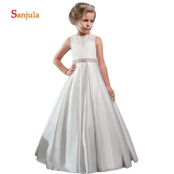 

Ivory Satin Flower Girls Dresses A-Line Tank Appliques Beaded Open Back Wedding Party Dress for Children vestido daminha D195