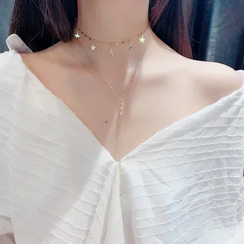 

FYUAN Long Tassel Crystal Choker Necklaces for Women Bijoux Star Pendant Chain Necklaces Statement Jewelry Party Gifts