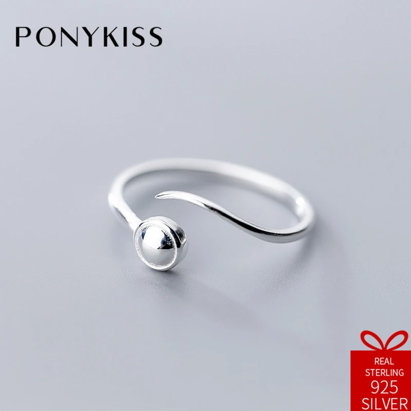

PONYKISS Cute 100% 925 Sterling Silver Resizable Opening Simple Bead Ring Fine Jewelry Women Engagement Creative Gift