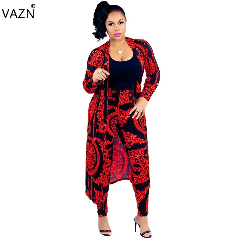 

VAZN 2019 Spring Bohemian Temperate Fashion Women 2 Piece Set Striped Full Sleeve x-long Outwears Full Length Slim Set XMY9041