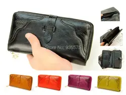Для женщин из натуральной кожи кошелек двойного сложения держатель кредитной карты Винтаж Ретро монетница на молнии кошелек сумка