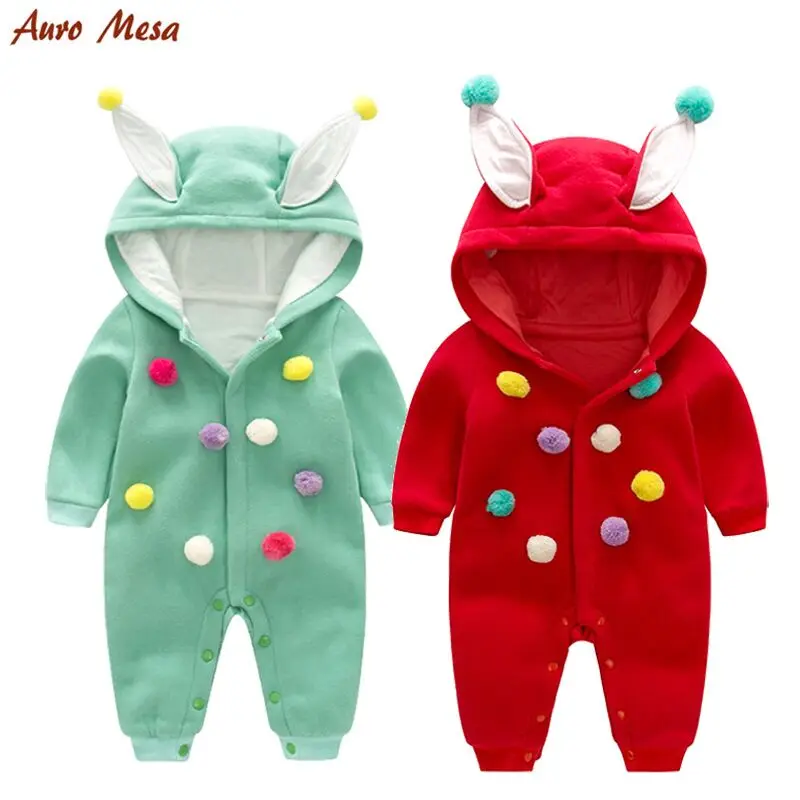 

Auro Mesa newborn Baby Boys Winter Hooded Romper Green rabbit's ears fluff Baby one piece Clothes