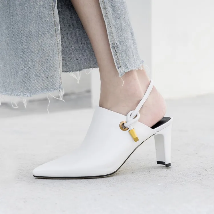 Elegant White Leather Pointed Toe Knotted Slingbacks Fashion High Heel