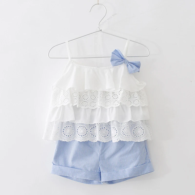 Girls Clothes Suits 2018 New Summer Style Children Bow Lace Sling Clothes Striped Short Pants Sets For 3-7y Baby Sleeveless Sets Girls Clothes Suits 2018 New Summer Style Children Bow Lace Sling Clothes Striped Short Pants Sets For 3-7y Baby Sleeveless Sets