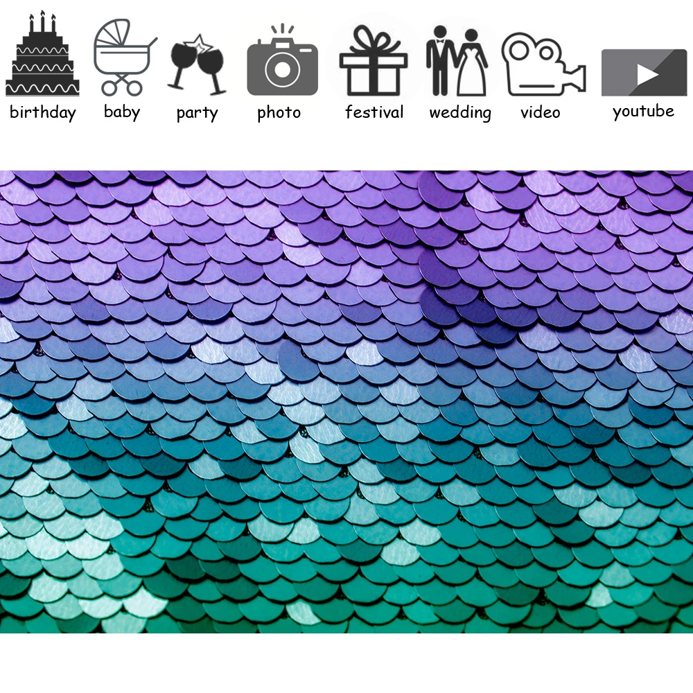 HUAYI Little Mermaid Backdrop Purple Blue Fish Scales Glitter Girl Birthday Party Baby Shower Decoration Photo Background xt7754