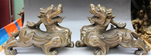 

WBY+++ shipping 12" Chinese Bronze Evil spirits Guardian Foo Fu Dog Lion kylin PiXiu Statue Pair