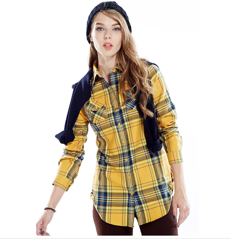 

Autumn Women OL Shirt Cute Plaid Grip Blouse Spring Turn -down Collar Casual femme Pocket Full Sleeves Fashion Top Shirt J2349