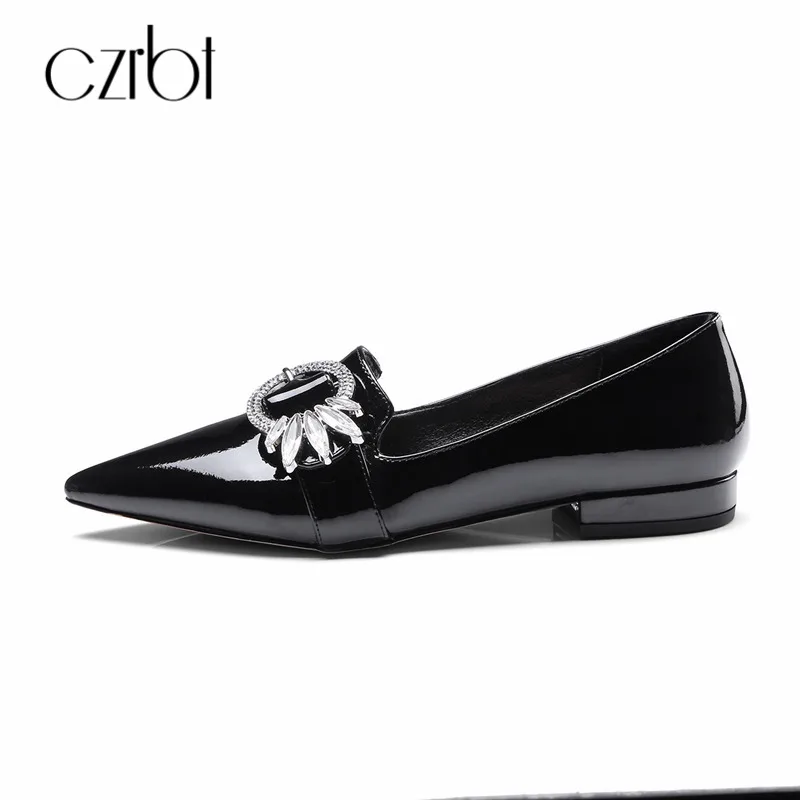 

CZRBT 2018 Women Falts Spring Autumn Genuine Leather Handmade Blip-On Point Toe Shoes Black Casual Crystal Women Flats