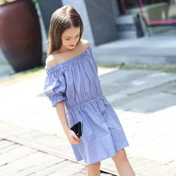 

Teens Girls Blue Stripe Dress Summer Big girl Off Shoulder Dresses Frock Design Princess Party for Kid Clothes68 10 12 14 16Year