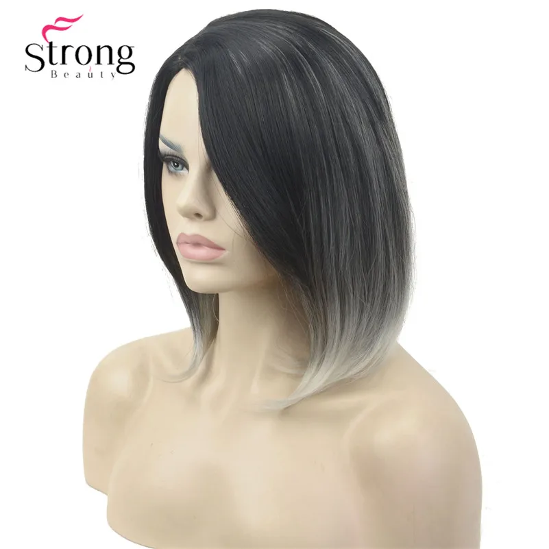 H-WG1131 1BT60 y Grey Ombre Bob,Part, No Bangs Full Synthetic Wig(5)