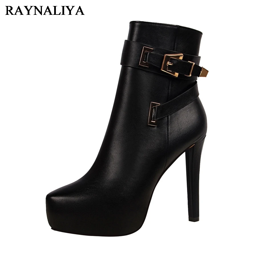 

2018 Winter Women Concise Leisure Buckle Strap Zip Metal Decoration Shoes Woman Thin Heels Fashion Mid Calf Boots DS-B0060