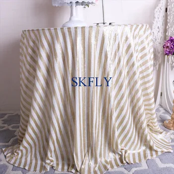 

CL055D New fancy metallic sequence wedding champagne gold and white stripe sequin round table cloth