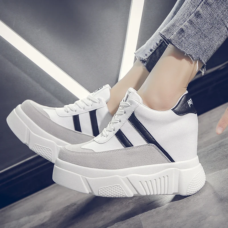 

women sneakers 2019 Vulcanize Female shoes mixed colors lace up Height Increasing platform high heels Walking Footwear