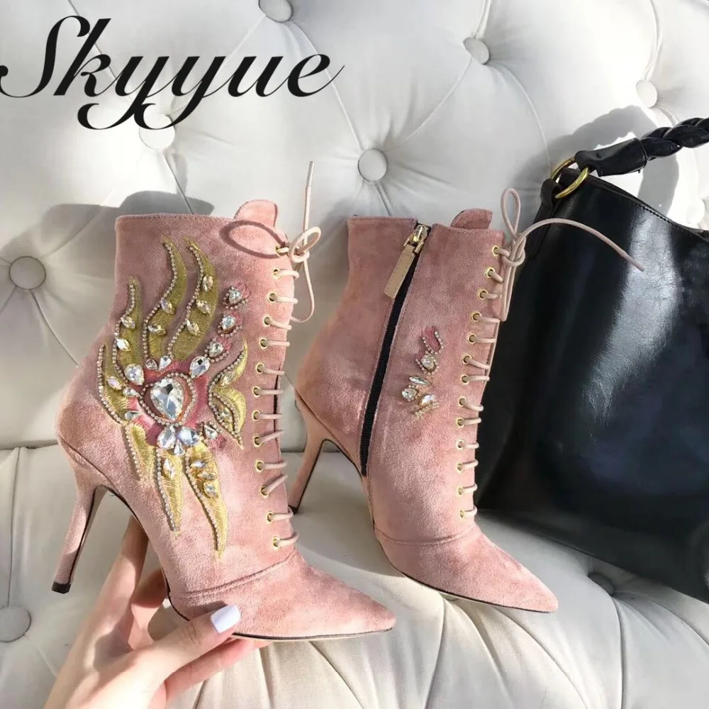 

SKYYUE New Genuine Leather Crystal Jewel Beading Women Boots Sexy Pointed Toe Gladiator Lace Up Women Boots HIgh Heel Boots