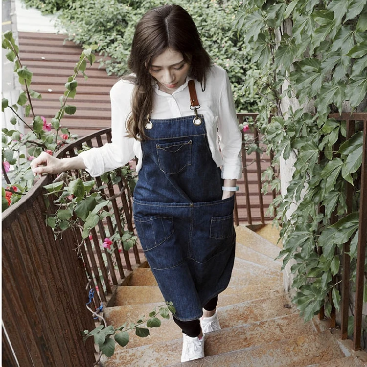 

Restaurant coffee shop apron denim long apron men and women leather painting work apron