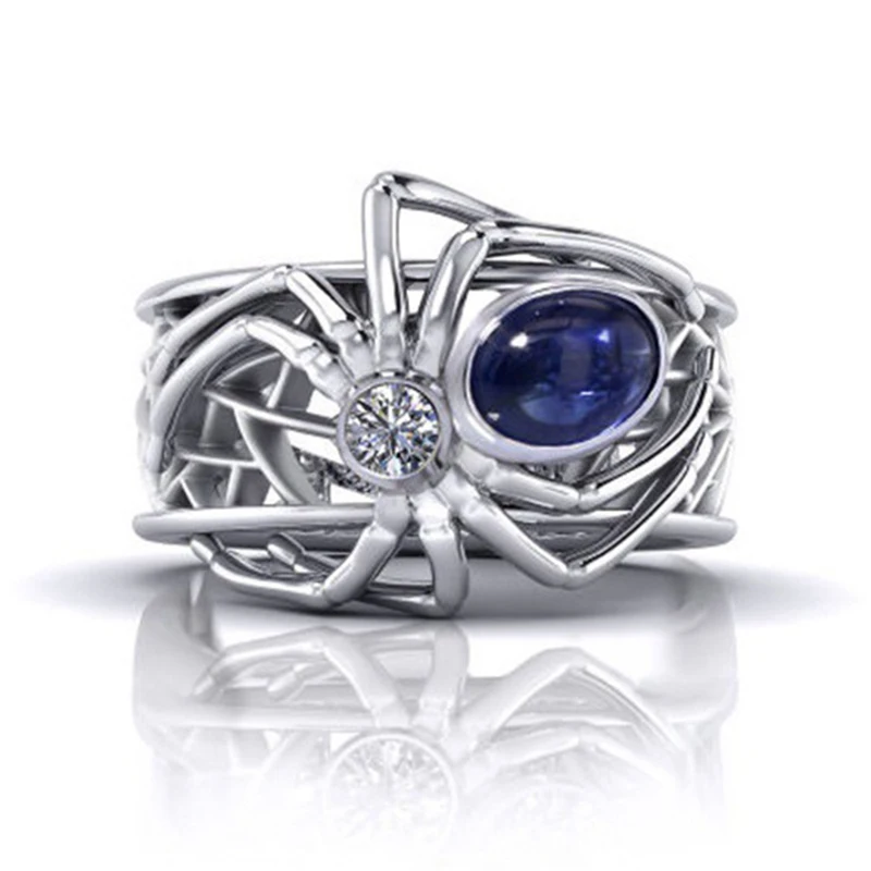 

2019 New Creative Silver Spider Ring Unique Punk Female Hyperbole Cocktail Ring for Women Blue Zirconia Wedding Band Jewelry