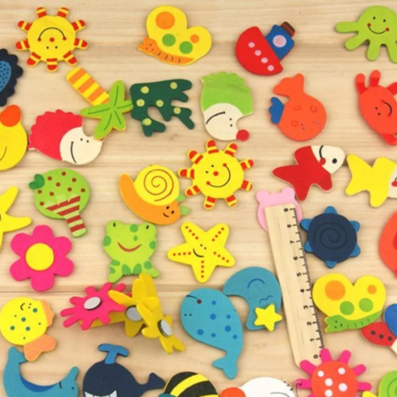 

12pcs/pack Colorful Kids Wooden Magnet Cartoon Pattern Kitchen Fridge Magnet Stickers Children Educational Toy Birthday Gift
