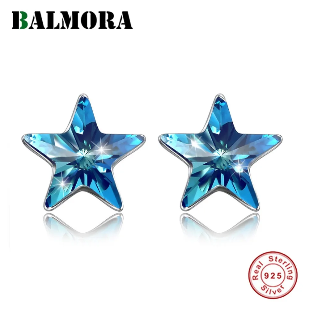 

BALMORA 925 Sterling Silver Crystal Blue Shiny Star Stud Earrings for Women Girl Gift Fashion Earrings Jewelry Brincos SVE311