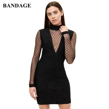

BANDAGE New Spring Black Lace Bandage Dress Women Sexy Hollow Out Long Sleeve Club Dress Elegant Celebrity Evening Party Dress
