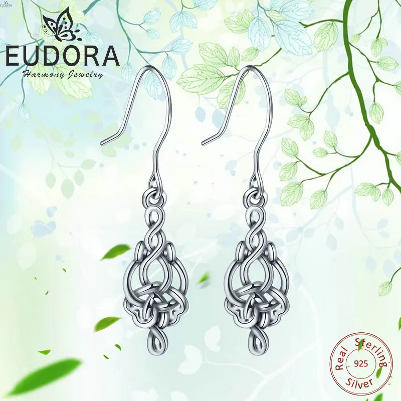 Уникальные серьги EUDORA из чистого 925 пробы серебра с кельтским узлом, модные висячие серьги в форме сердца для женщин, хорошее ювелирное изделие, очаровательный подарок