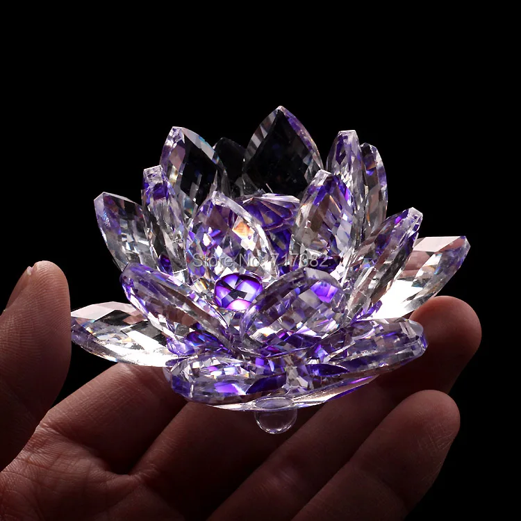 Image 90mm Purple quartz Crystal Glass Lotus Flower Paperweights Feng Shui Crystals flowers Products For Home wedding souvenirs crafts