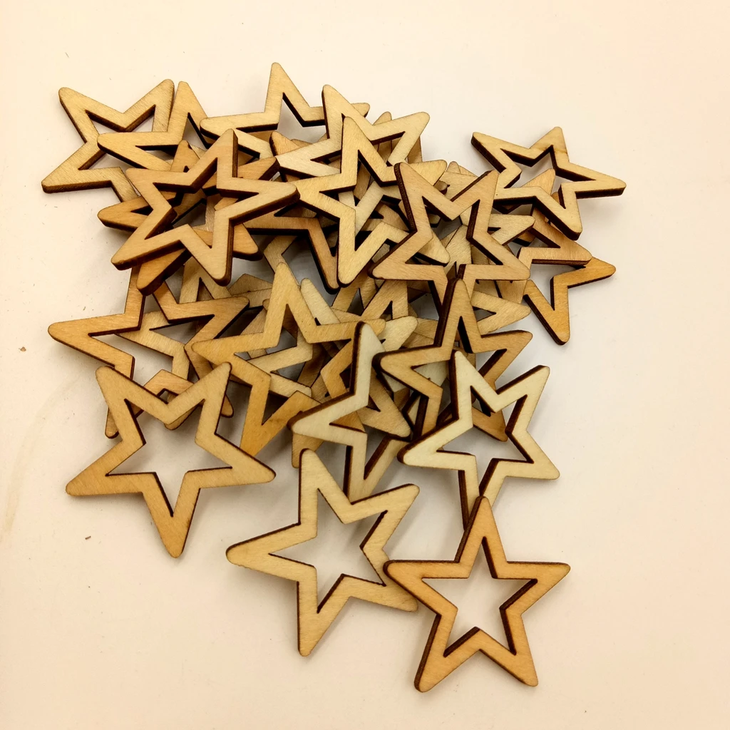 50 Pcs Unfinished Hollow Star Shape Wooden Embellishments Tags 30/40/50mm DIY Craft for Wedding Event Party Decor Favor Supply