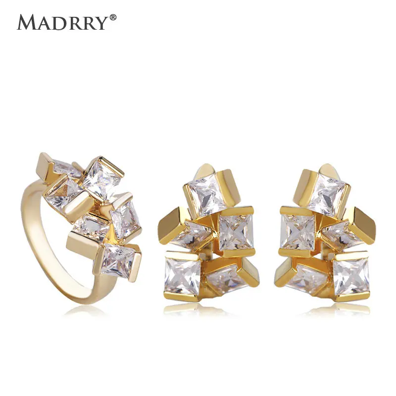 

Madrry Fashion Earring & Ring Sets Micro Inlay Square Zircon Stud Earrings Rings For Women Ear Clasp Copper Jewelry Accessories