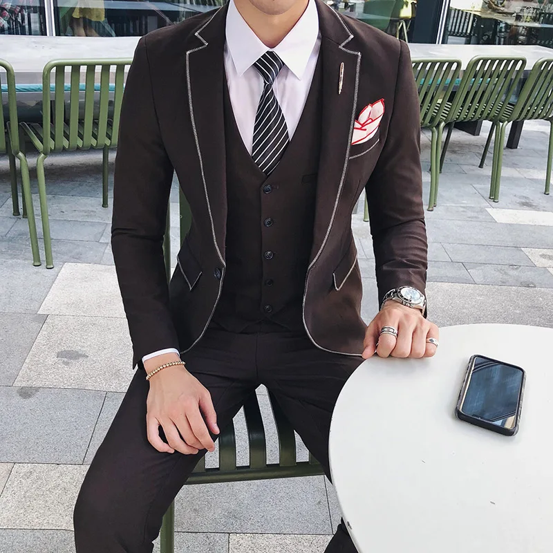 3 шт. высокое качество деловой мужской костюм абсолютно новый Slim Fit однотонная