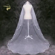 Соборная длинная вуаль с зубчатым краем, жемчужный бант, тюль, белая слоновая кость, свадебная фата для свадеб, винтажная Фата с бисером,, дешево