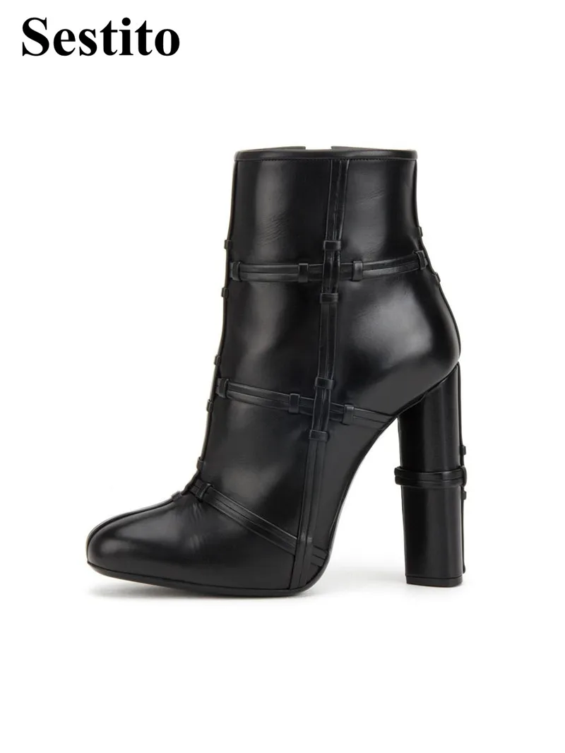 

European Black Square Toe T-tied Woman Boots Super High Heel Ankle Boots For Women Round Heels Zip Women Shoes Spring/Autumn