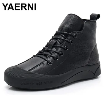

YAERNI New Autumn Winter Women Boots 2018 Soft Genuine Cow Leather Lace Up Flat Ankle Boots For Women Short Plush Warm Shoes