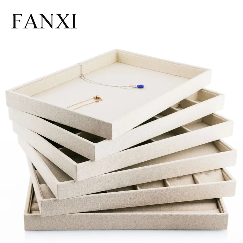 

FANXI 2018 new arrival beige linen jewelry ring earring chain display stand for jewelry storage cases